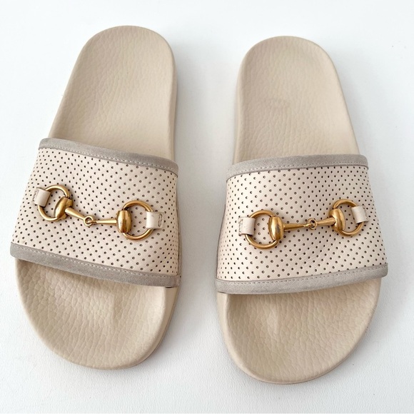 Gucci Shoes - GUCCI || Horsebit Perforated Leather Rubber Sandal Slide White Ivory EU 39 US 9